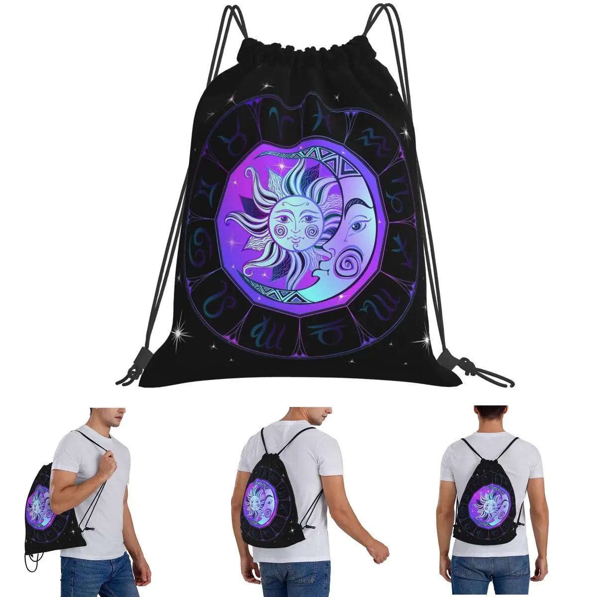 Zodiac Wheel Space Purple Backpacks Fashion Drawstring Bags Sports Bag Book Bags for Man Woman School