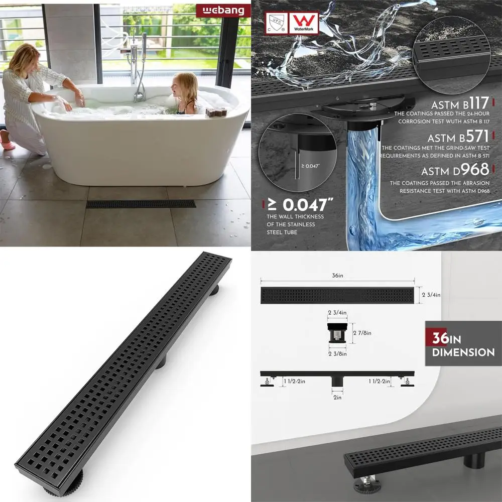 36 Linear Shower Drain with Square Hole Cover, Removable Grate, Matte Black, Stainless Steel, CUPC Certified