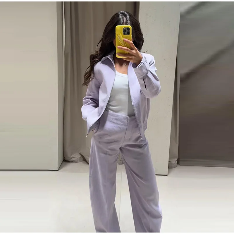 Damen-Hosenanzüge mit Rollkragen-Langarmjacken, Reißverschluss-Mänteln, Midi-Ballonhosen, Herbst-Outfits für Frauen, Einfarbig und Locker Geschnitten, Neu – Detail 7