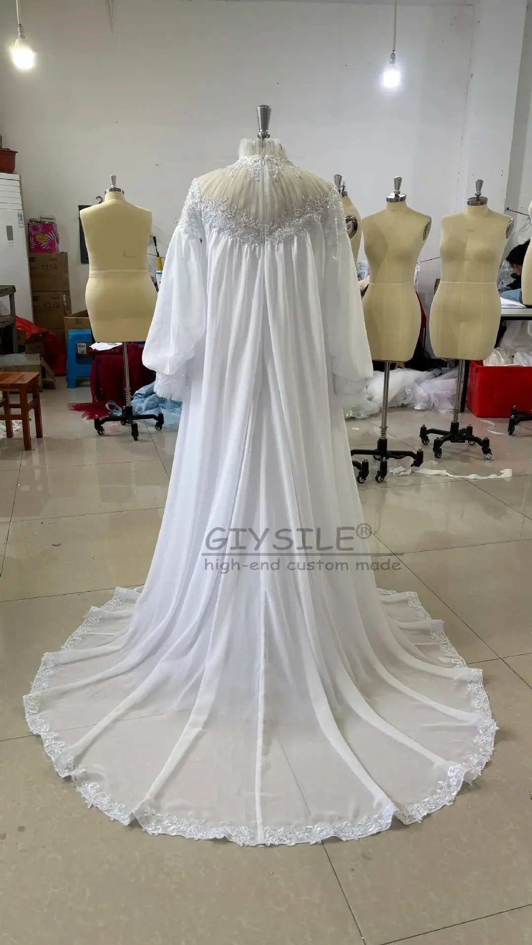 GIYSILE Aangepaste chiffon applicaties moslim trouwjurken lange mouw hoge hals bruidsjurk Arabische Dubai vestidos de novia