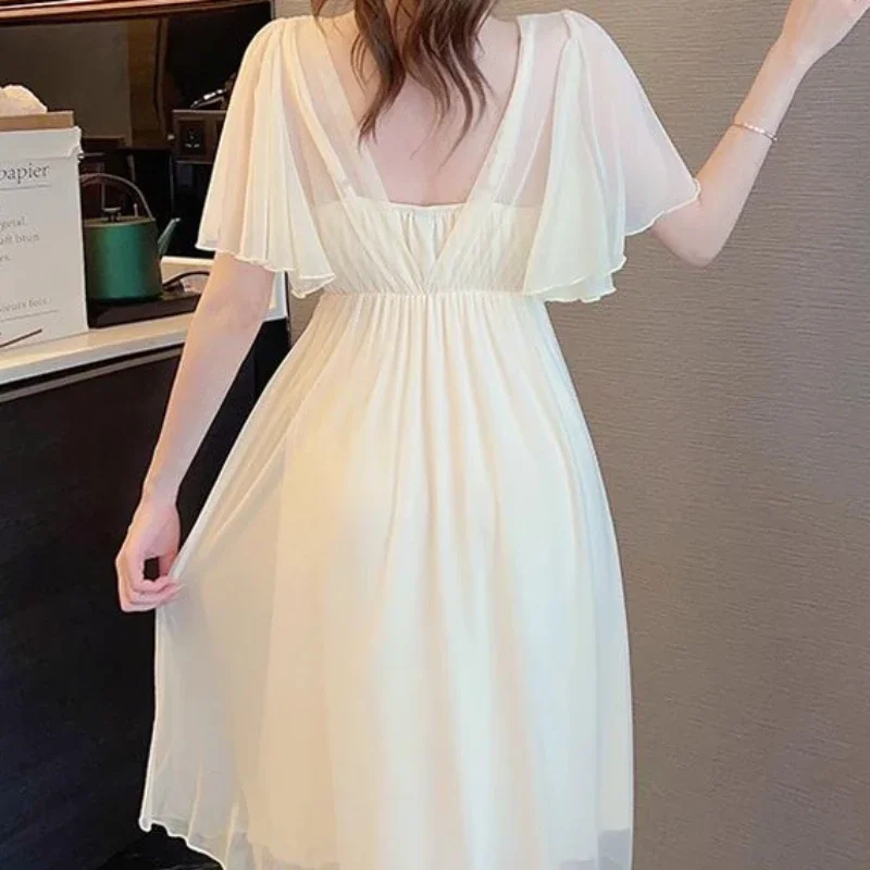 Princess Sleepwear Nightwear Summer Solid Color Short Sleeve Night Dress Women Lace Round Neck Nightdress Fairy Mesh Nightgown