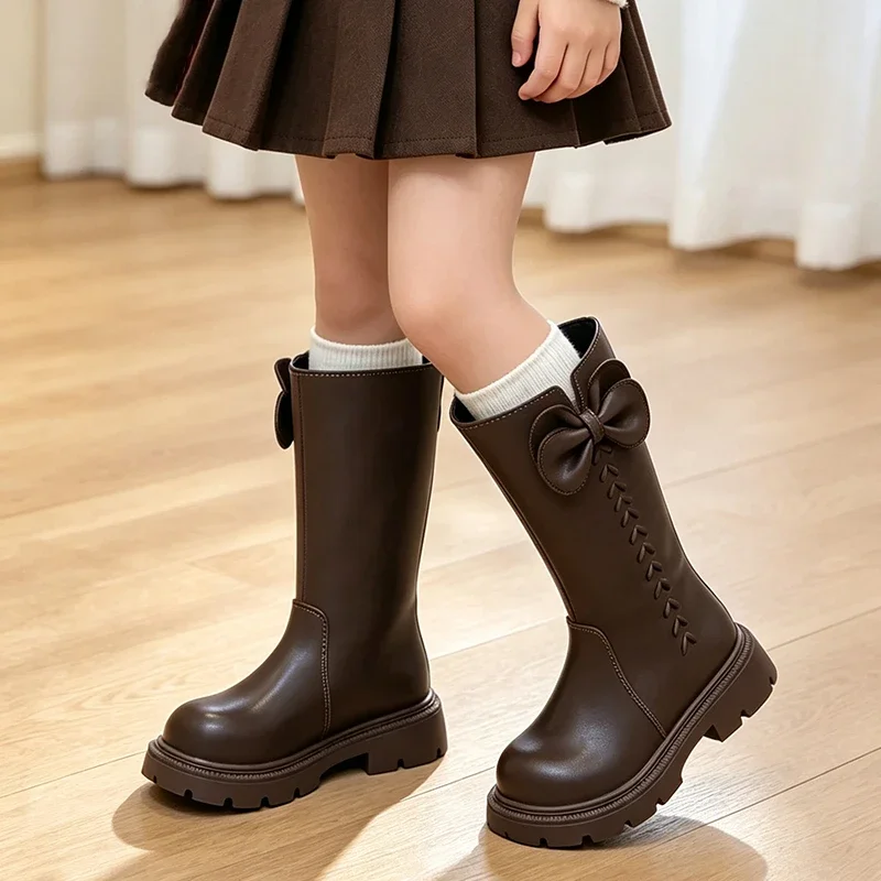 Girls Tall Bow Decor Leather Boots, Side Zipper Non Slip Thick Sole Riding Boots for Autumn Daily Dress Occasions