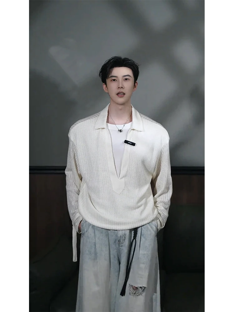 

Men's Loose Fit Long Sve Knitted Top Unique Design Hollow out Detail Comfortable Soft Sle Clean Fit U Ne T irt