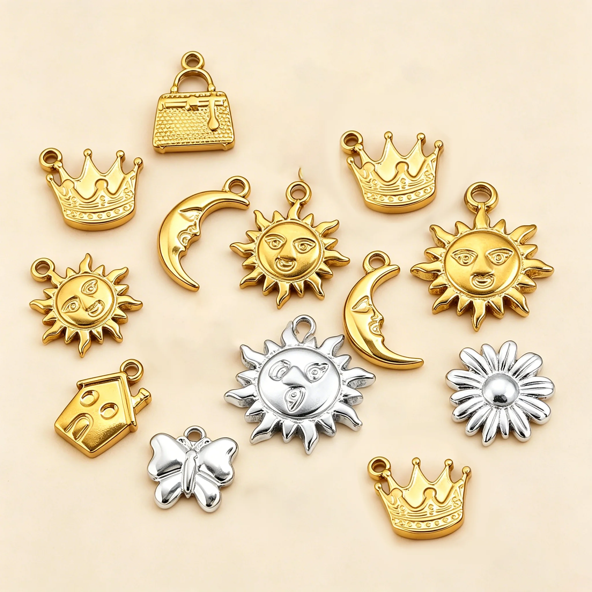 5 Stück Edelstahl-Anhänger mit Sonnen-, Herz- und Blumenmotiv für DIY-Halsketten, Armbänder, Ohrringe und Schmuckherstellung – Detail 3