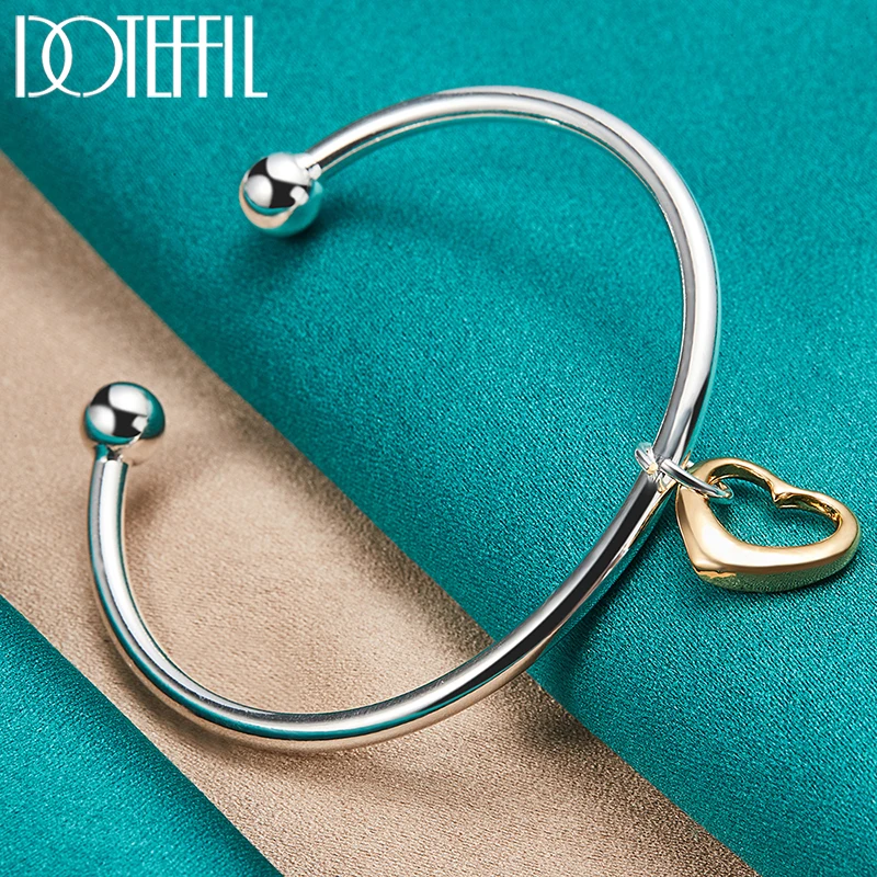 DOTEFFIL 925 Sterling Silver Gold Heart Cuff Bangle Bracelet For Man Woman Wedding Engagement Fashion Charm Party Jewelry