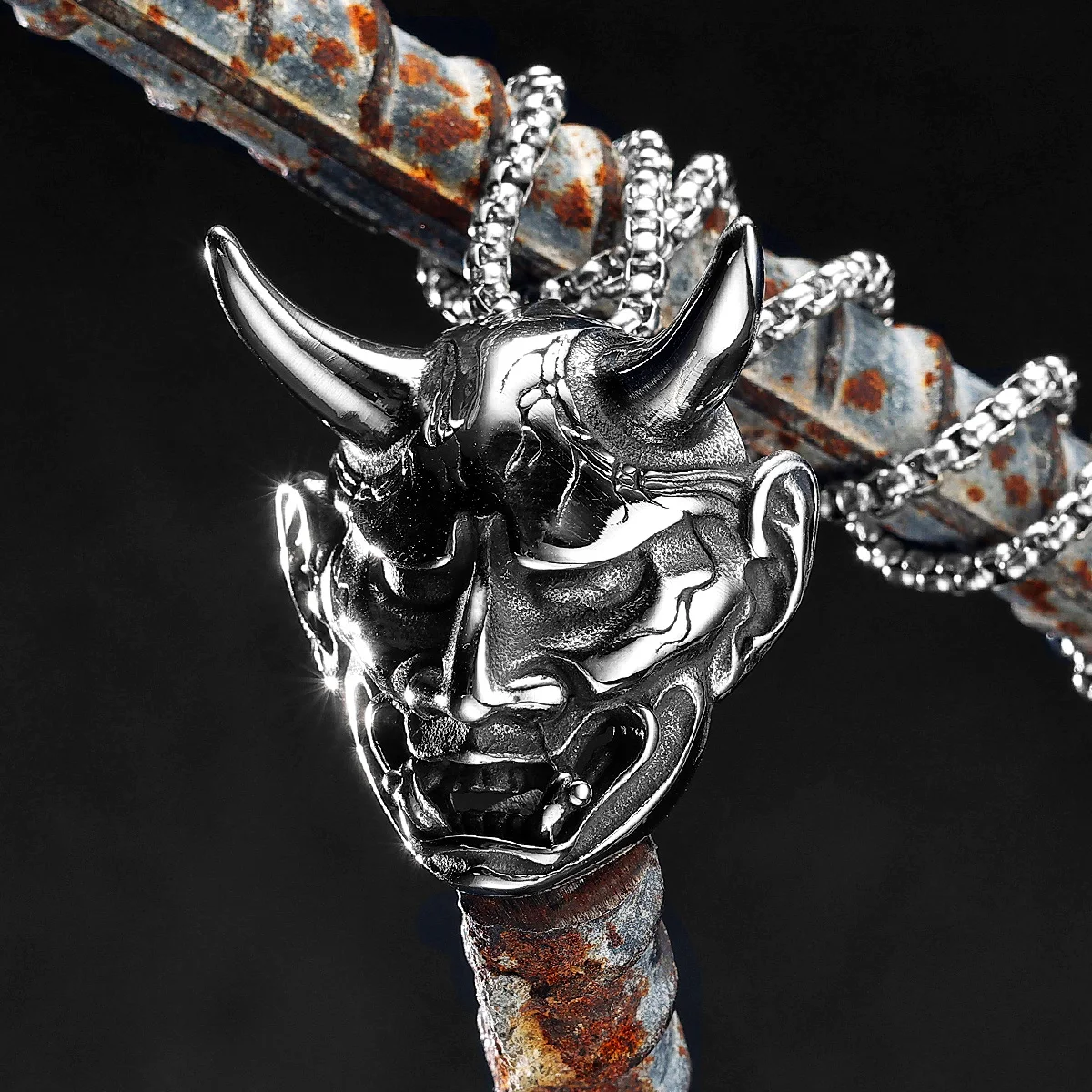 Japanese Prajna Mask Stainless Steel Men Women Necklaces Pendants Chain Punk Jewelry Creativity Gift Dropshipping Wholesale