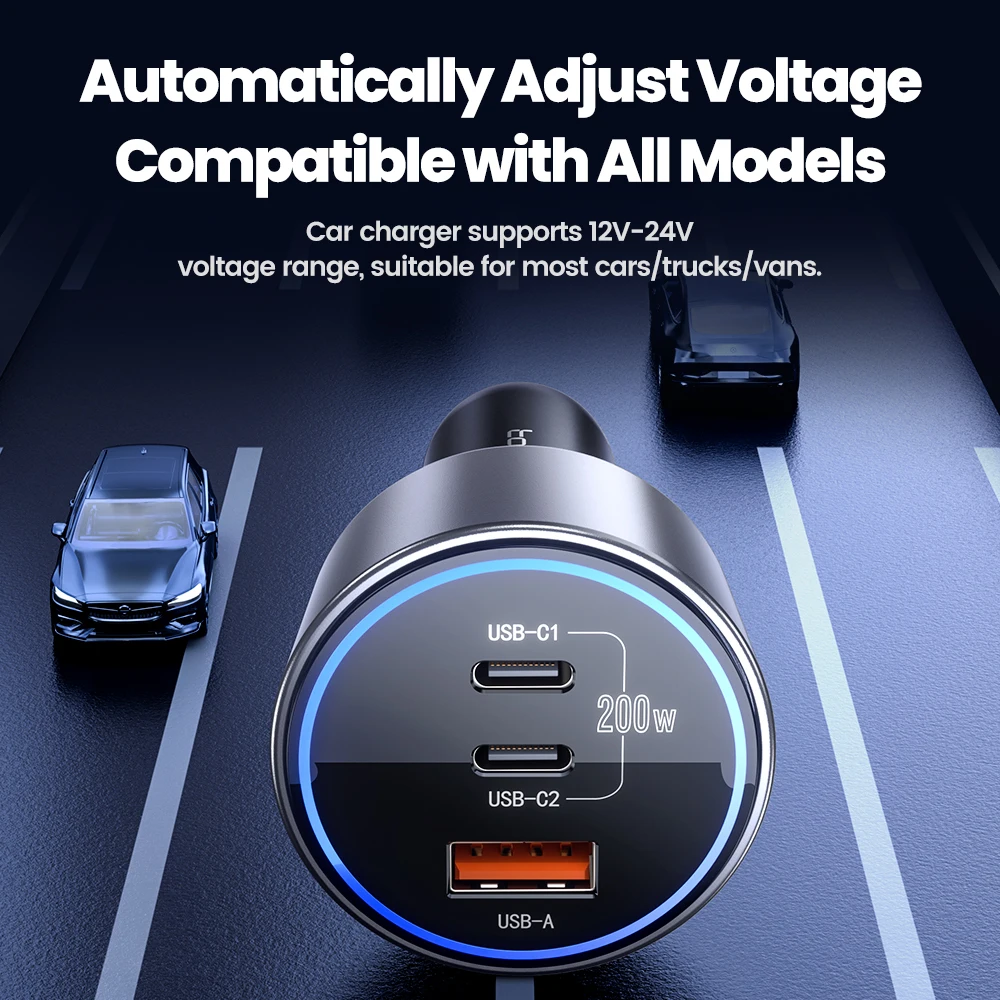 Toocki 200W USB C Car Charger for Tablet QC4.0 PD3.0 LED High-Speed Type C Fast Car Phone Charger for iPhone 15 13 Samsung POCO