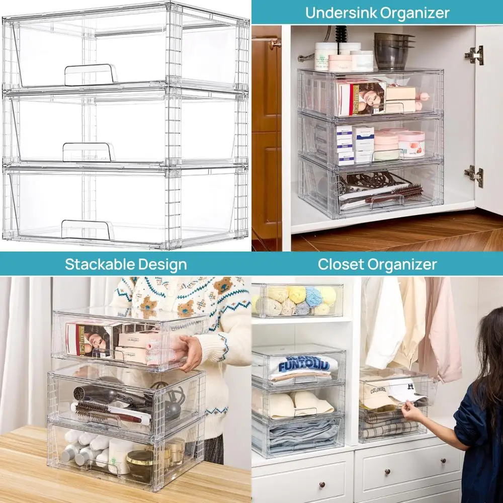 

Большие штабелируемые прозрачные акриловые ящики для хранения вещей для ванной комнаты, гардероба и организации под раковиной - легко собирается пластиковое хранилище S