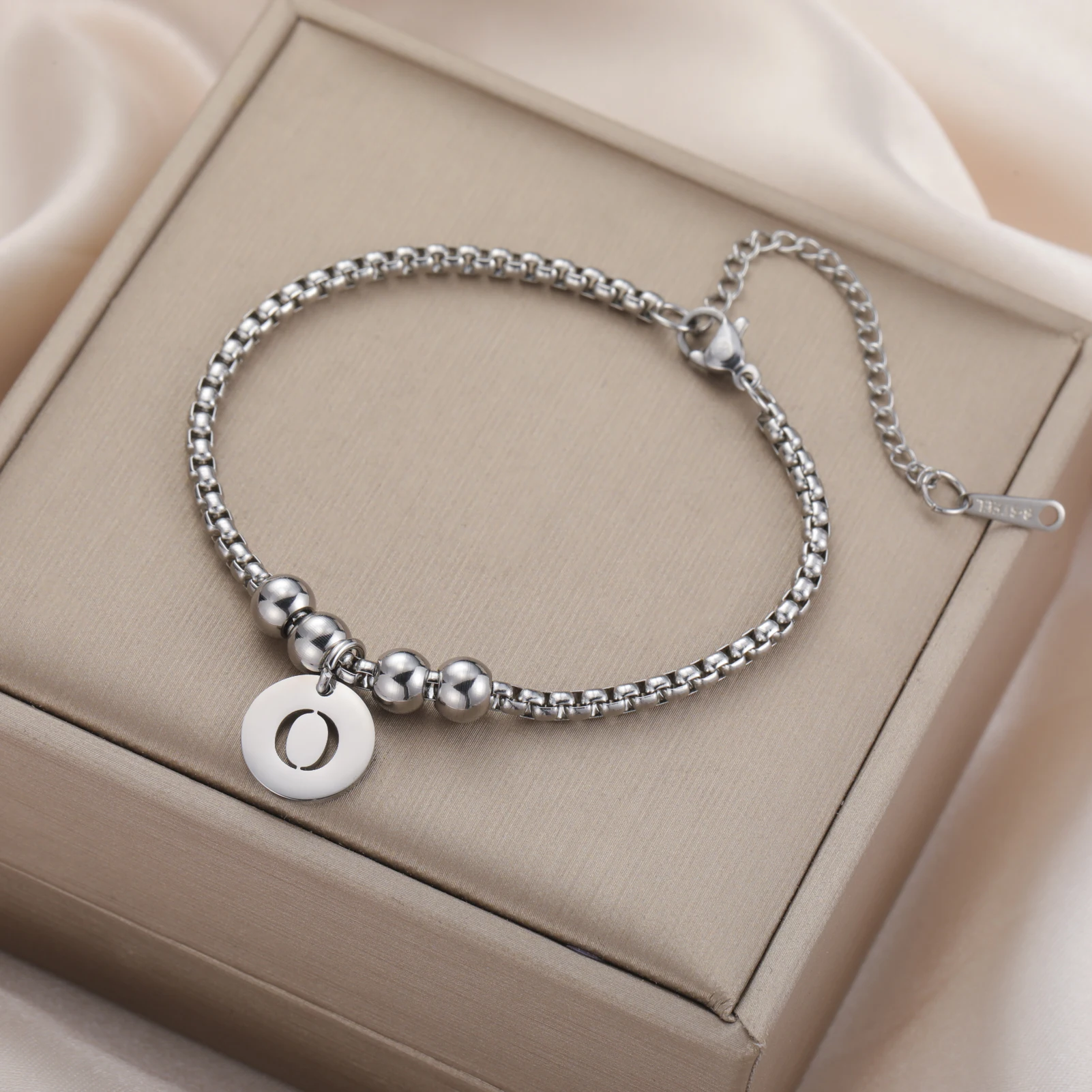 Cazador Stainless Steel A-Z Initial Letter Round Charm Box Chain Bracelet Jewelry Alphabet Bracelet for Women Mother\'s Day Gifts