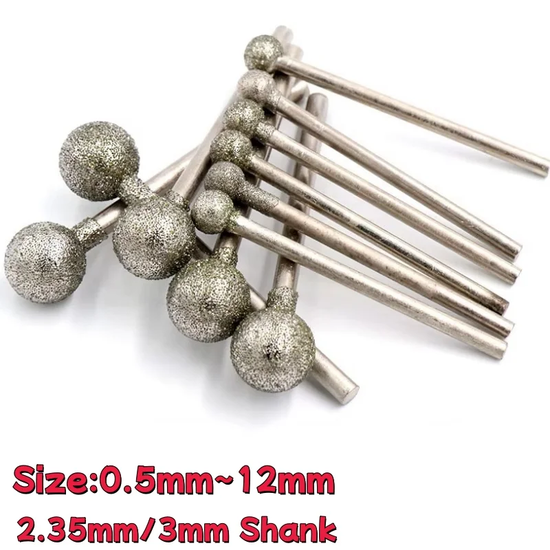 

0.5~12mm Spherical Diamond Burrs Bits 2.35mm/3mm Shank 100 Grit F Needle Round Ball Head Emery Grinding Needle for Dremel Rotary