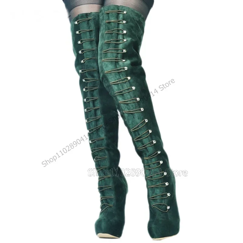 

Green Corduroy Strappy Round Toe Platform Boots Slip On Women Shoes Thin High Heels Novel Fashion Party 2023 Zapatos Para Mujere