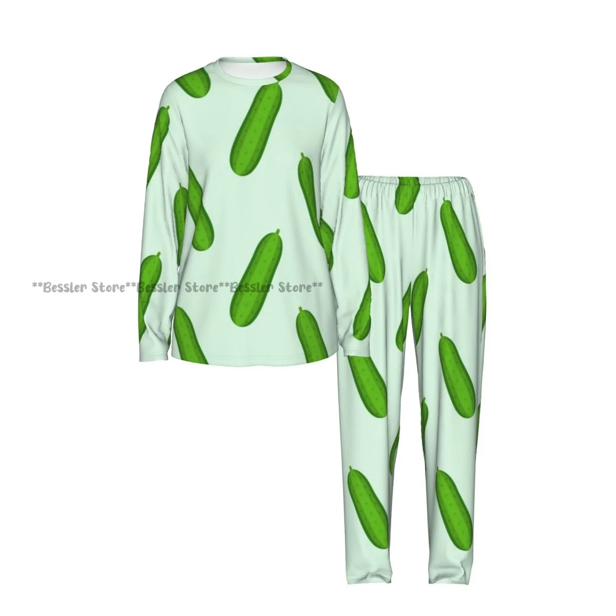 Ladies Soft Pajamas Set Cucumber Pattern Round Neck Long Sleeve Long Pants Casual Loose Homewear