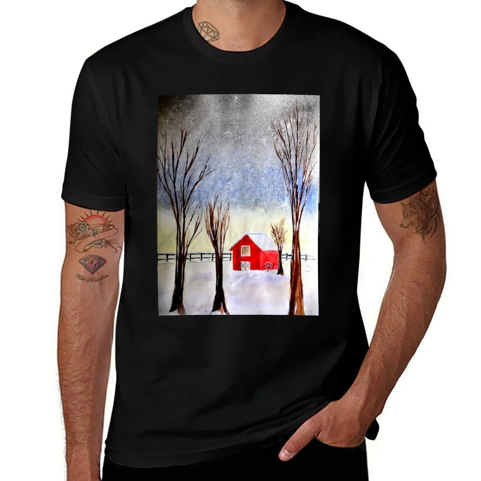 

Красный амбар в зимней футболке г мужские футболки для мужчин мужская футболка дизайнерская футболка