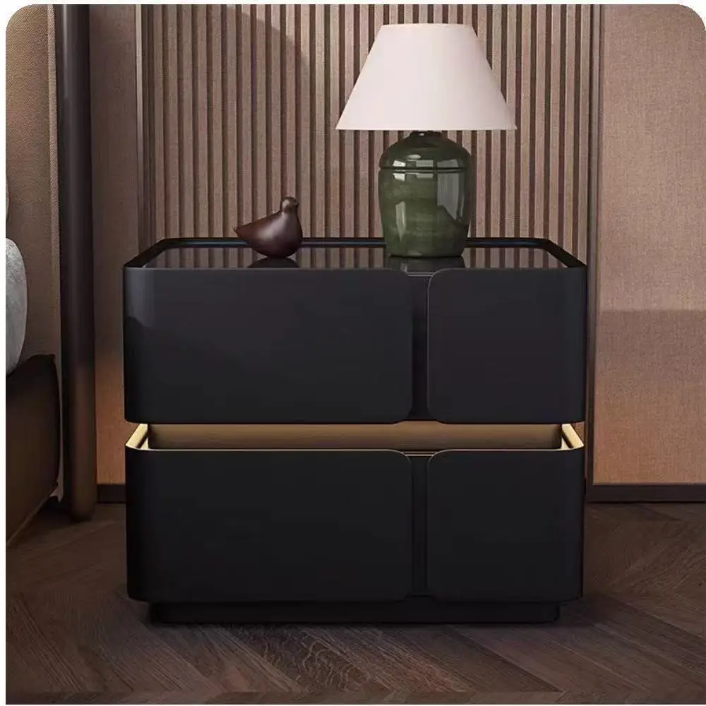 Modern Luxury Wood Smart Bedside Table with Led Light Wireless Charging Speakers 2 Drawer Bedroom White Leather Furniture Design - view 6