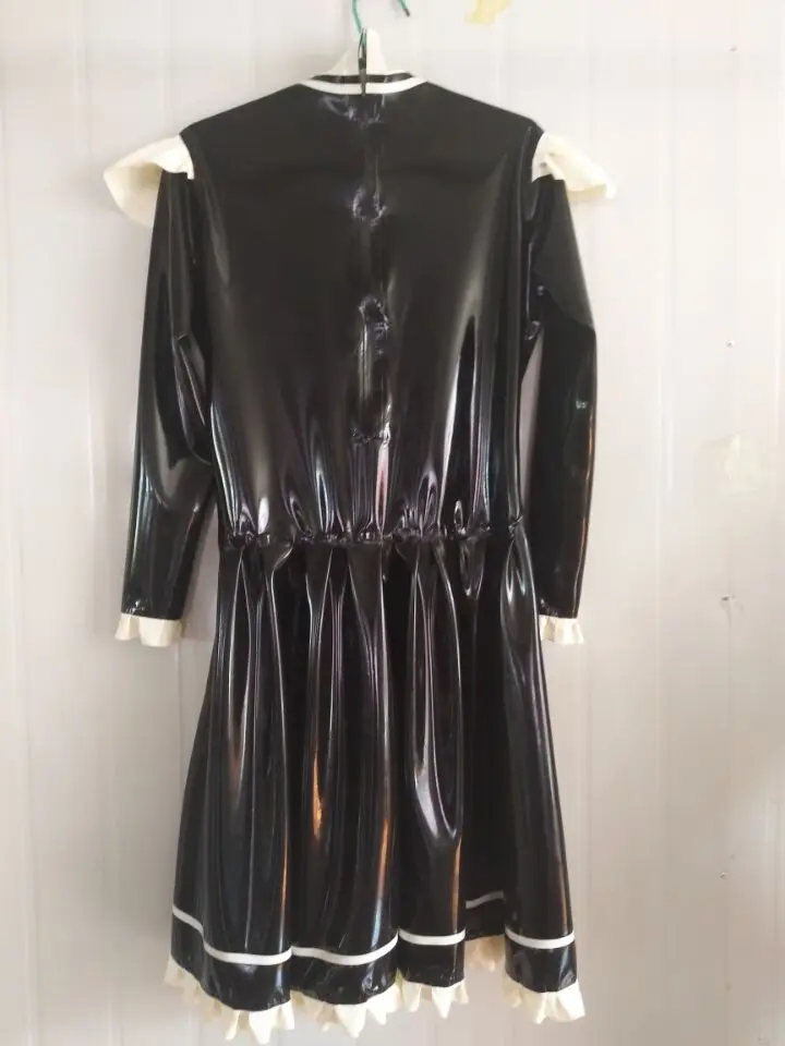 

100% latex Rubber Gummi Black long sleeve dress, stylish, comfortable, role playing, party, white embellished xs-xxl 0.4 mm