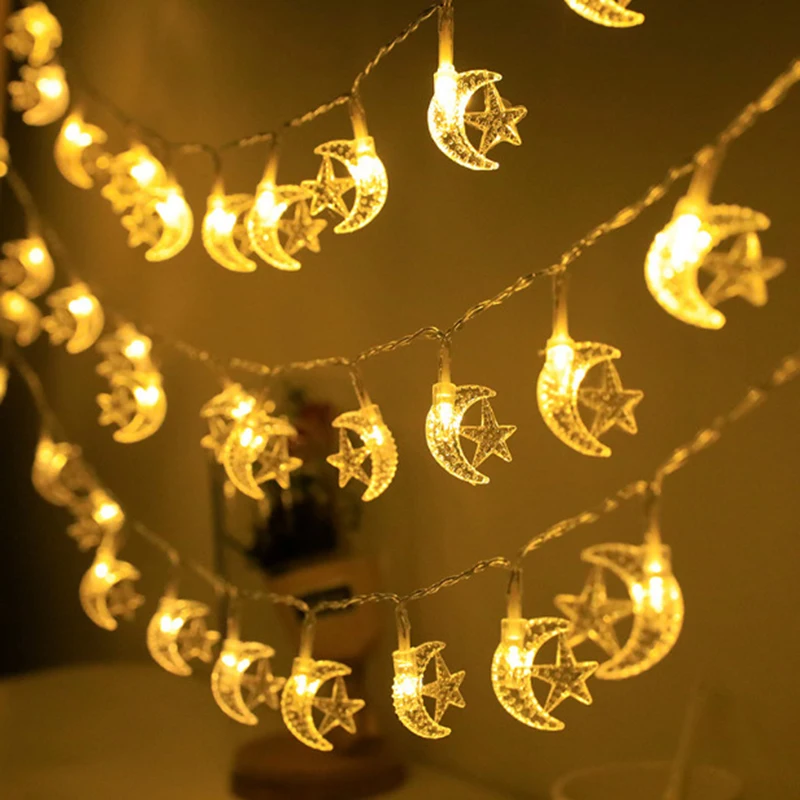 1,5 m 10 LED Eid Mubarak Mond Sterne Lichterkette 2025, Ramadan Kareem Dekoration für Zuhause, Al Adha, Geschenk, islamisches muslimisches Partyzubehör
