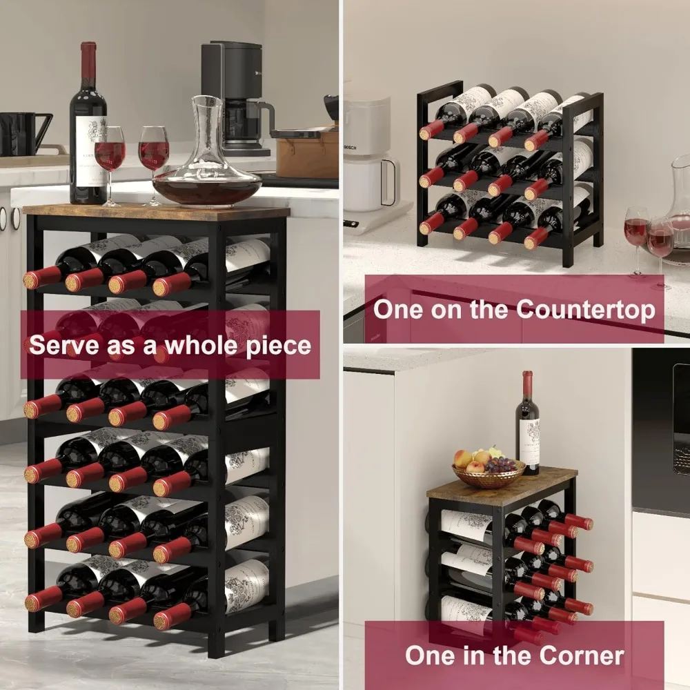 6 Tier Bamboo Wine Rack Freestanding Floor, 24 Bottles Wine Storage Shelves with Brown Table Top, Stackable Wine Display Rack