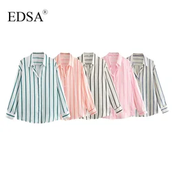 EDSA Women Fashion Striped Shirt Single Breasted Blouse Long Sleeves for Office Lady Turn-down Collar Basic Shirts