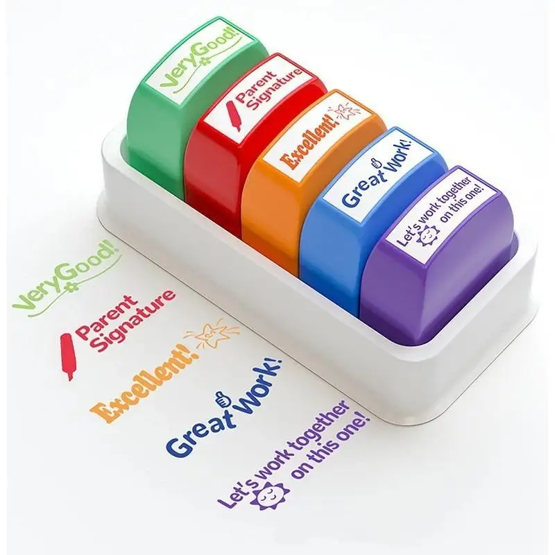 Self Inking Teacher Feedback Stamps 5 Pcs Motivational Phrases for School Classroom Daily Grading Use