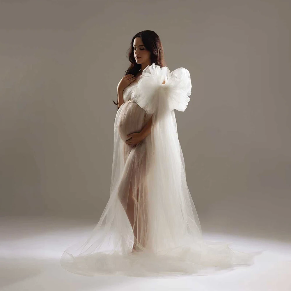 فستان حمل بكتف واحد لالتقاط الصور من التول المتدفق بفيونكة بيضاء طويلة فساتين للنساء الحوامل استوديو التصوير