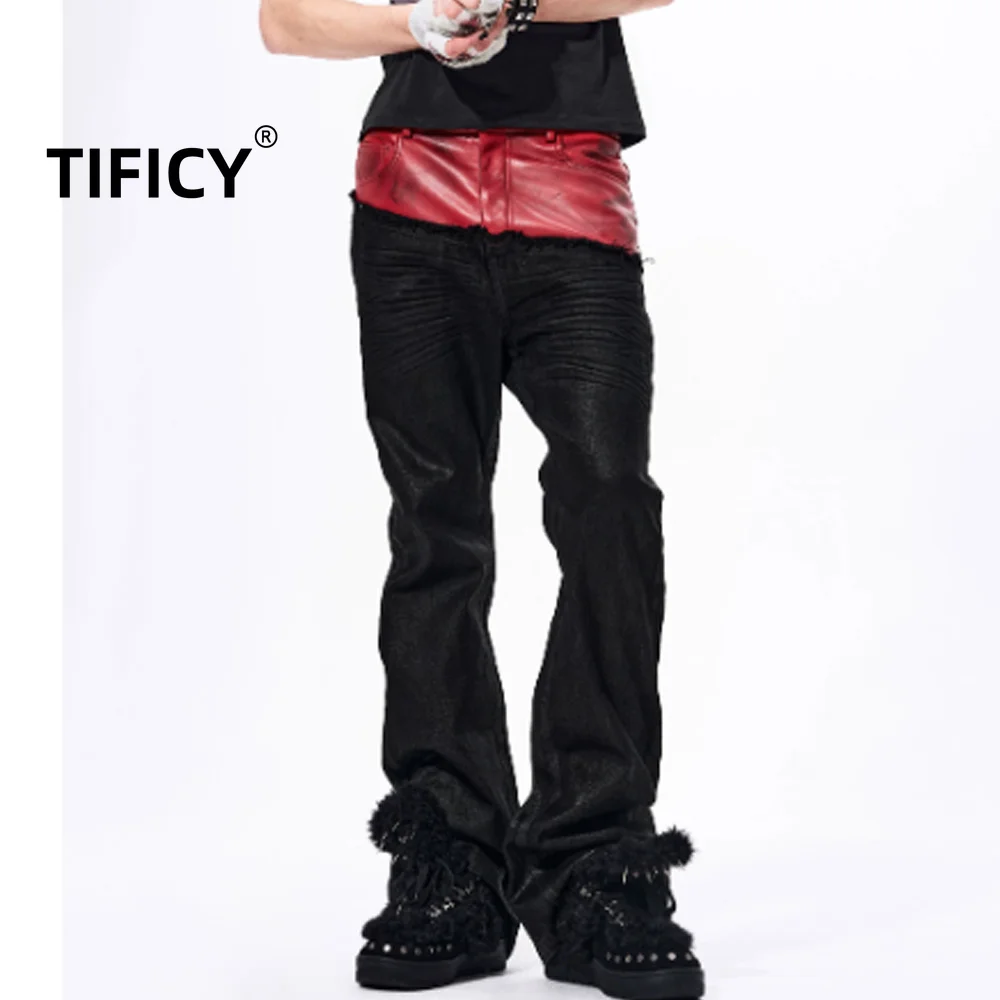 High Street PU Leather Spliced Double Waist Jeans Pants Men's Summer New Style Light Sub Black Brushed Wax Straight Leg Pants
