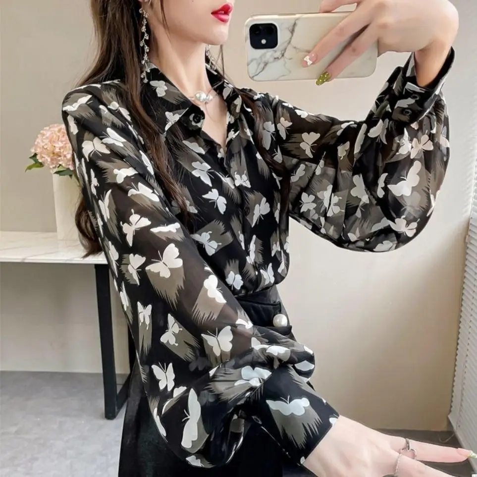 Temperament Top Tee 2024 New Spring Autumn Loose Printing Lantern Sleeve Blouse Ladies Turn-down Collar Women\'s Shirt Fashion