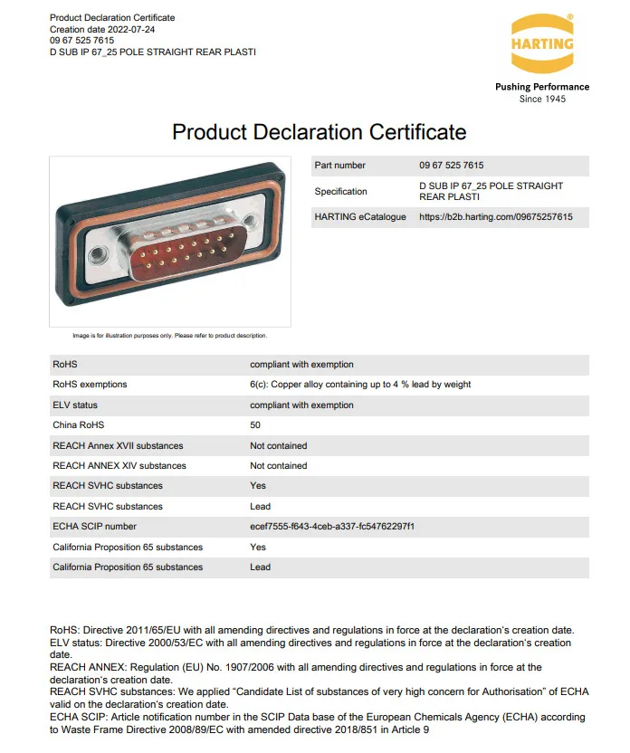 09675257615 Harting D-SUB IP 67_25 POLE STRAIGHT RE AR PLAS