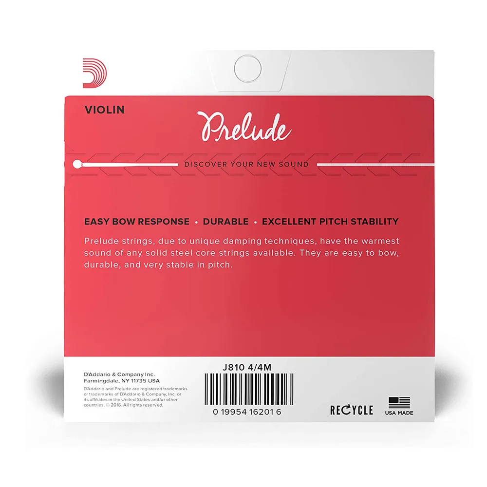 Juego de cuerdas para violín D\'Addario Prelude J810 E-A-D-G 4 cuerdas Núcleo de acero sólido Extremo de bola de tensión media disponible en tamaño