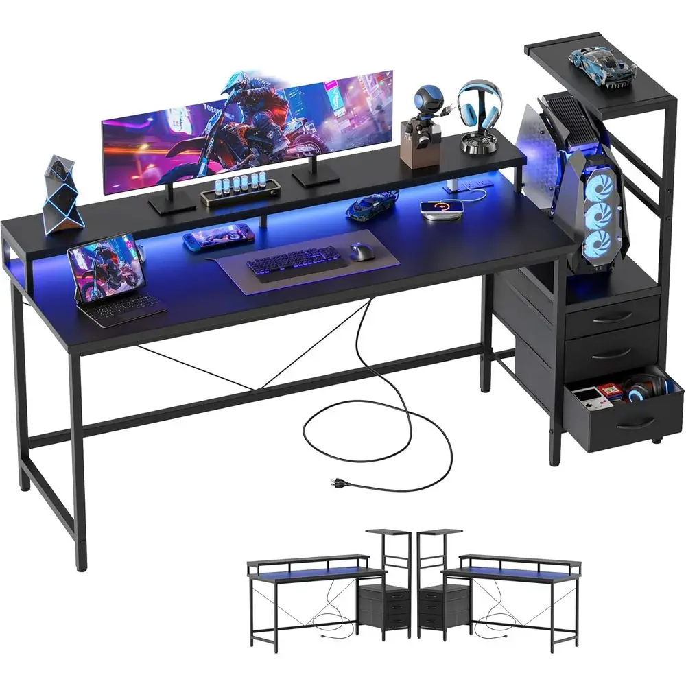 60 Storage Gaming Desk with LED Lights, Power Outlets, Reversible PC Case Stand, Fabric Drawers, and Shelves