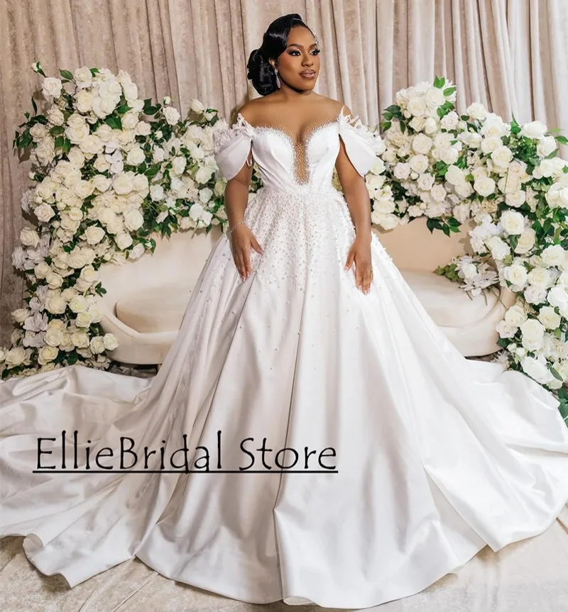 Princess White Wedding Dresses Sheer Neck Beading African Women Bridal Gowns Vestidos De Novia Boda Civil Customized