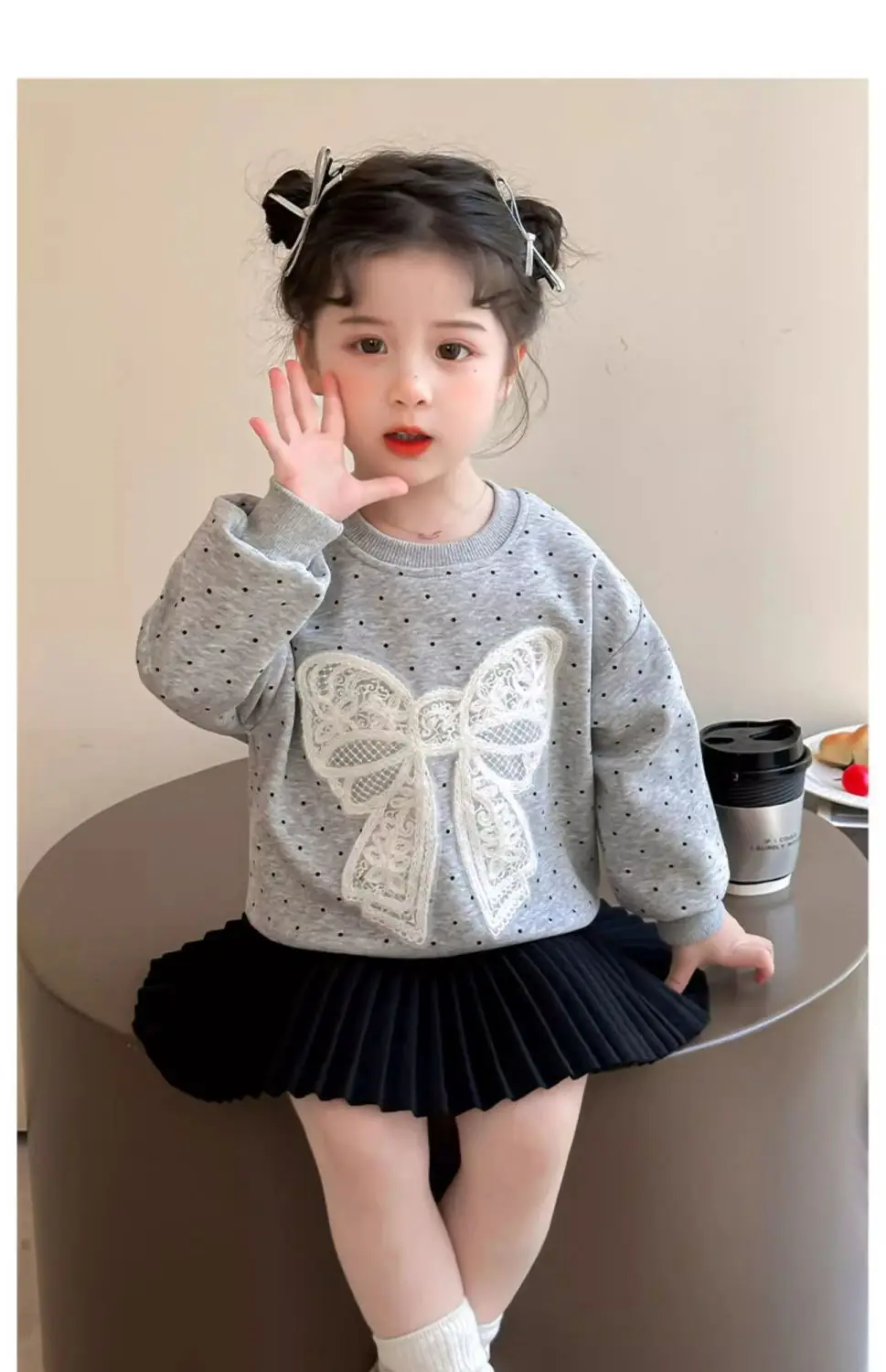 Kleinkind Mädchen Sweatshirt mit Großer Spitze und Schleife Lässiger Baumwoll-Pullover mit Punkten für Kleinkinder Rundhals Langarm Oberteil Kinderkleidung – Detail 9