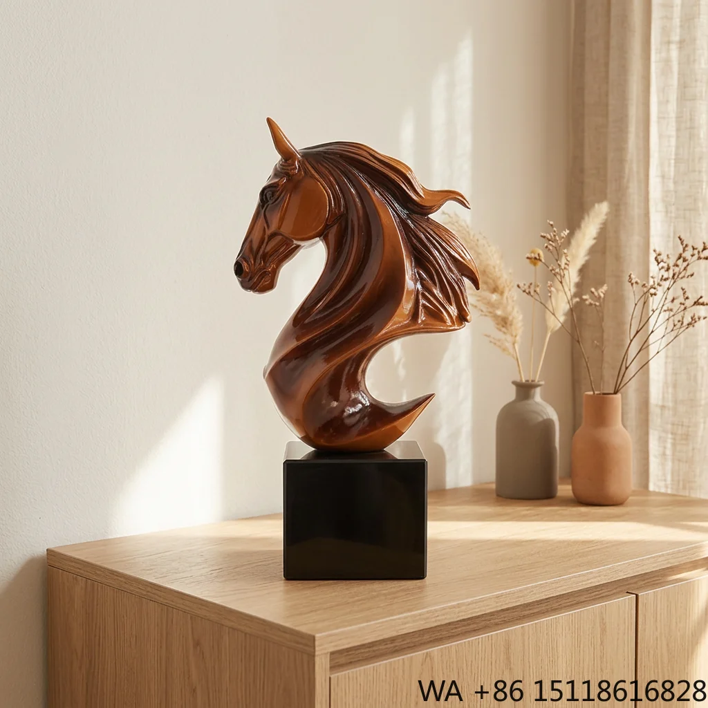 Brown Resin Horse Head Sculpture Marble Base White Gloss Handmade Modern Luxury Craft Ornament Home/Office Decor Corporate