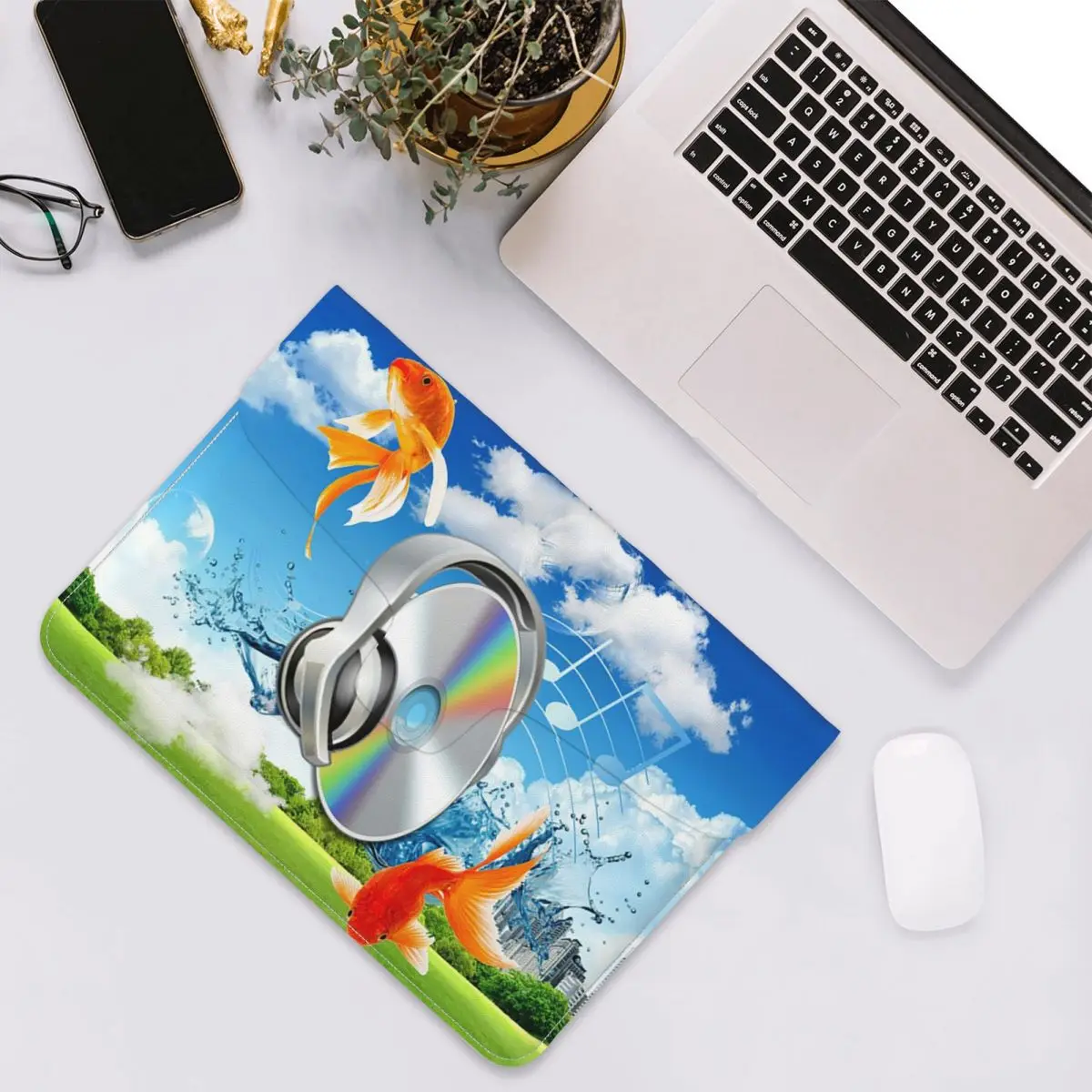 Frutiger Aero CD Listening To Music With Fish PU Leather Horizontal Laptop Sleeve Shockproof Soft Lining Notebook Case 13 Inch