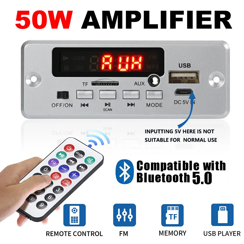 50W Amplifier 12V MP3 Decoder Board 25W 5V 18V Bluetooth 5.0 USB TF FM Radio Module For Speaker With Handsfree Voice Record