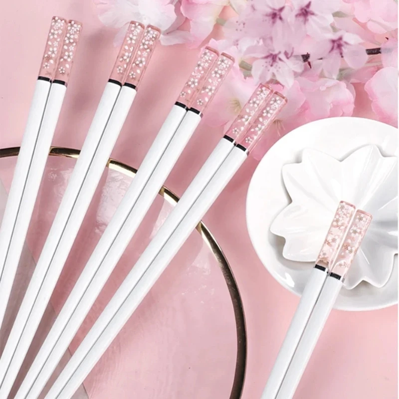 ﻿ Amber Sakura Japanese Chopsticks Pink Cherry Blossom Sushi Reusable Food Sticks Antibacterial Anti-slip Chopsticks Tableware