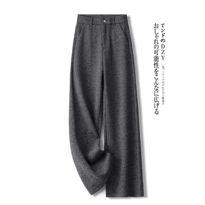 

Gray Pants for Women, and Winter Herringbone Straight-Leg Pants, Draped Loose Fit, Hip-Covering Woolen Pants