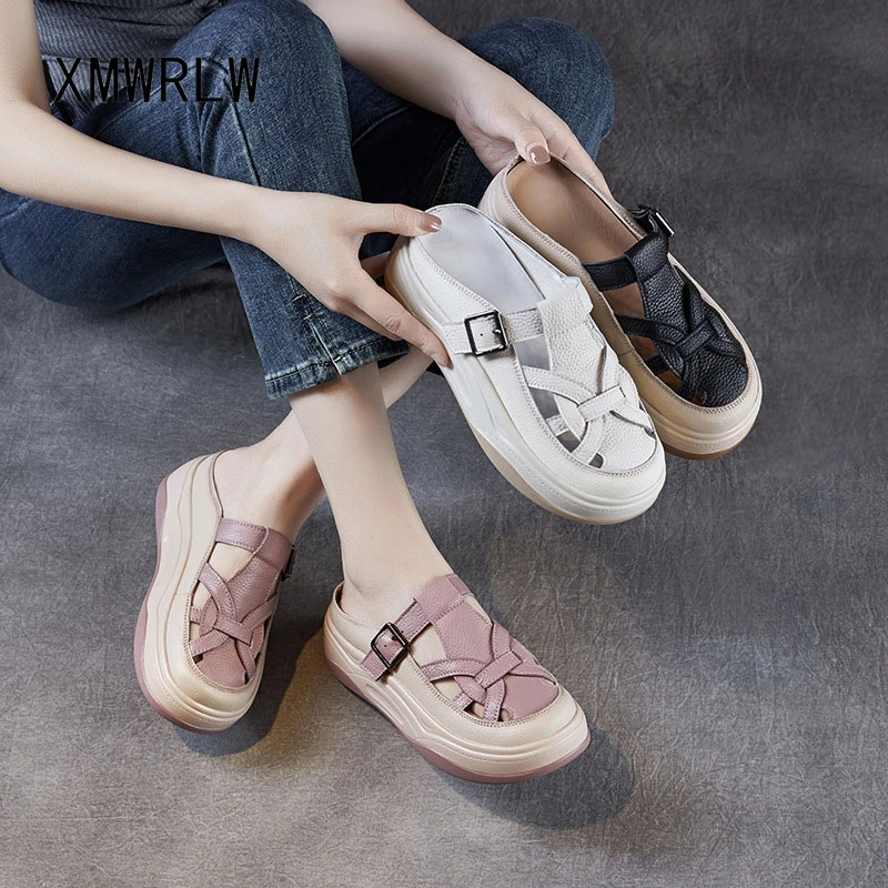 

XMWRLW женские тапочки из натуральной кожи, летняя обувь, модные женские тапочки на толстой подошве, 2025 летняя женская обувь, тапочки