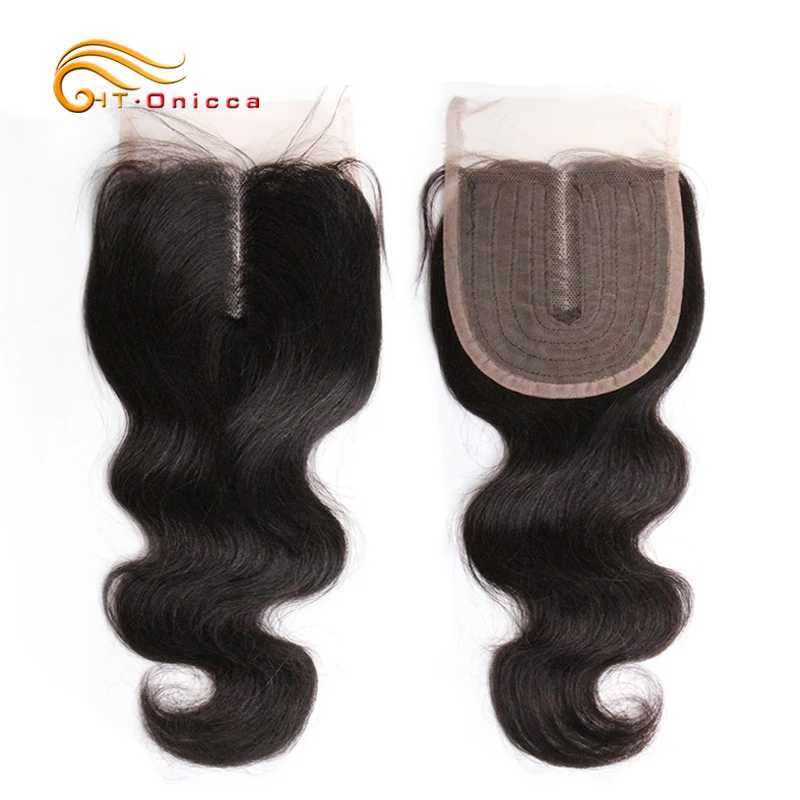 Htonicca Lace Closure Human Hair Brazilian Curly 4x1 T Part Lace Closure With Baby Hair Natural Color Middle Part Curly Closures