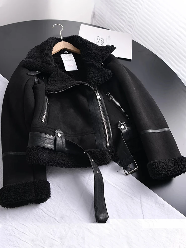 Winter Vintage Suede Lamb Short Jacket Women Thick Warm Moto Bike Black Coat Female Sashes Faux Leather Jacket Outwear with Belt