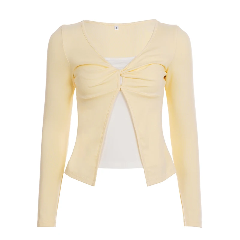 [RUOKE] Y2K Twist Front Top Women Long Sleeve V-neck Slim Fit Layered Shirt Vintage Streetwear Going Out Fake Two Piece Tee Fall