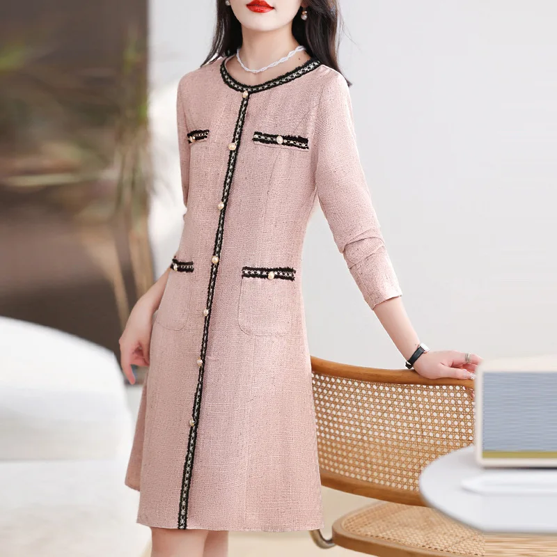 Women Small Fragrance Pink Long-sleeved Elegant Dress Female Spring Autumn New Korea Chic Sweet Office Tweed Dress 3XL 1649