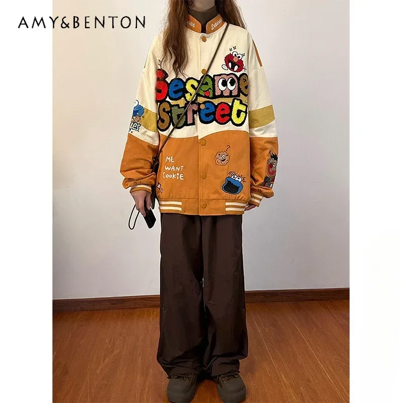 Autumn and Winter Japanese Style College Style Women's Cartoon Embroidered Baseball Jacket Thickened Versatile Blue Cotton Coat