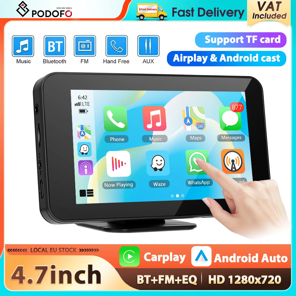 Podofo - Reproductor Multimedia para Automóvil con Pantalla Inteligente de 4.7'', Carplay, Android Auto, GPS, Bluetooth, Android Cast, Airplay, FM, EQ, Sonido