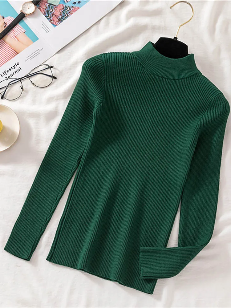 Zoki Autumn Women Pullover Sweater Half Turtleneck Long Sleeve Knitted Jumper Winter Elastic Solid Basic Ladies Blouse New