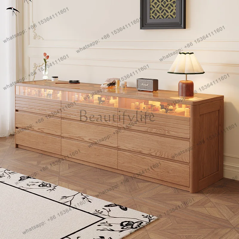 

Ash wood solid wood chest bedroom modern simple nine pumping with lamp storage household simple makeup table storage cabinet