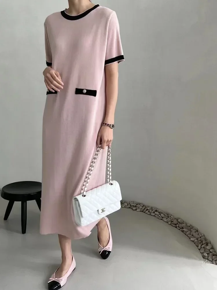 New Elegant French Style Knit Dress Women O-neck Contrast Color Short Sleeve Casual Midi Long Dresses Korean Fashion Vestidos