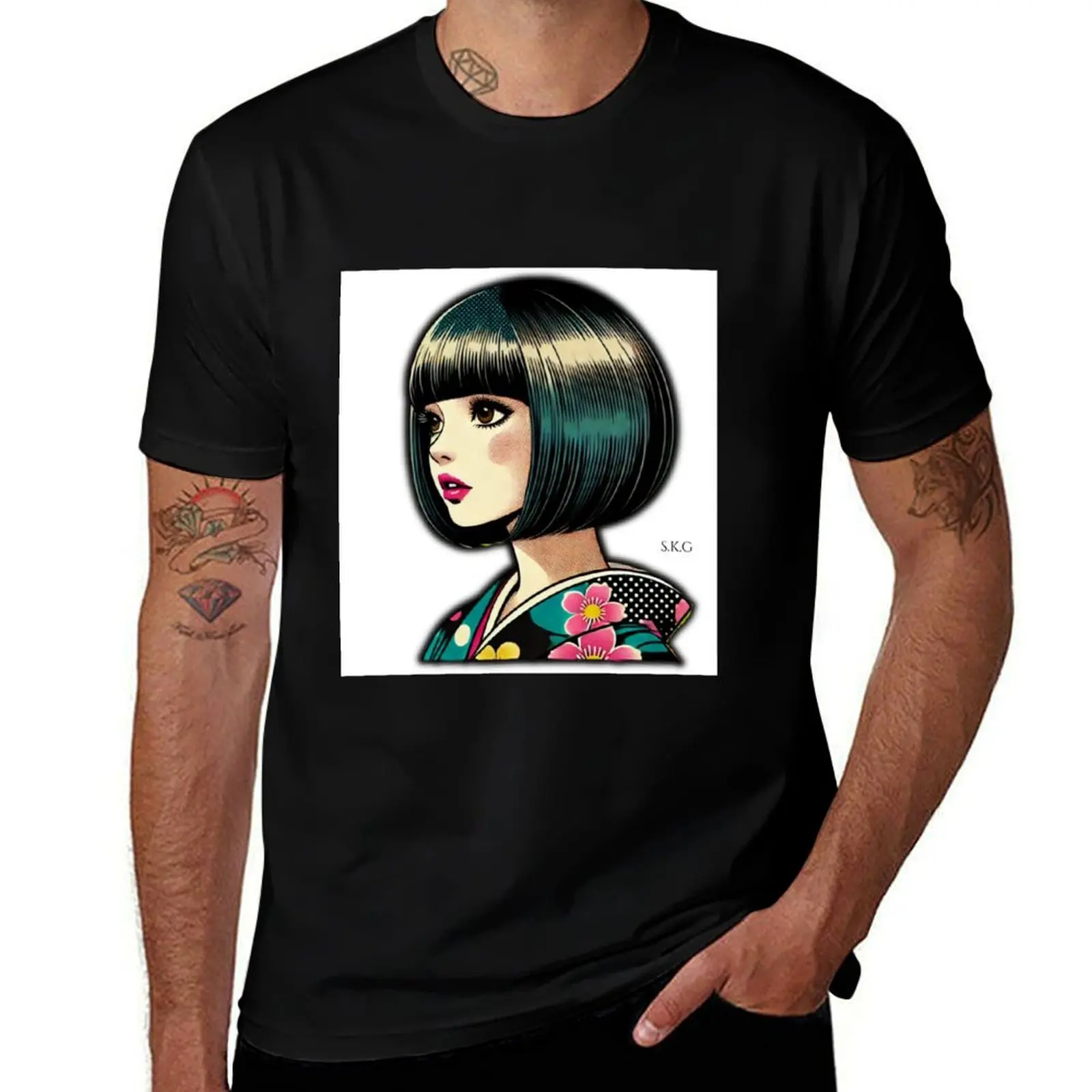 

Japanese Retro Girl Illustration – Colorful Kimono & Flowers – S.K.G T-Shirt anime shirt custom t shirt t shirt for men