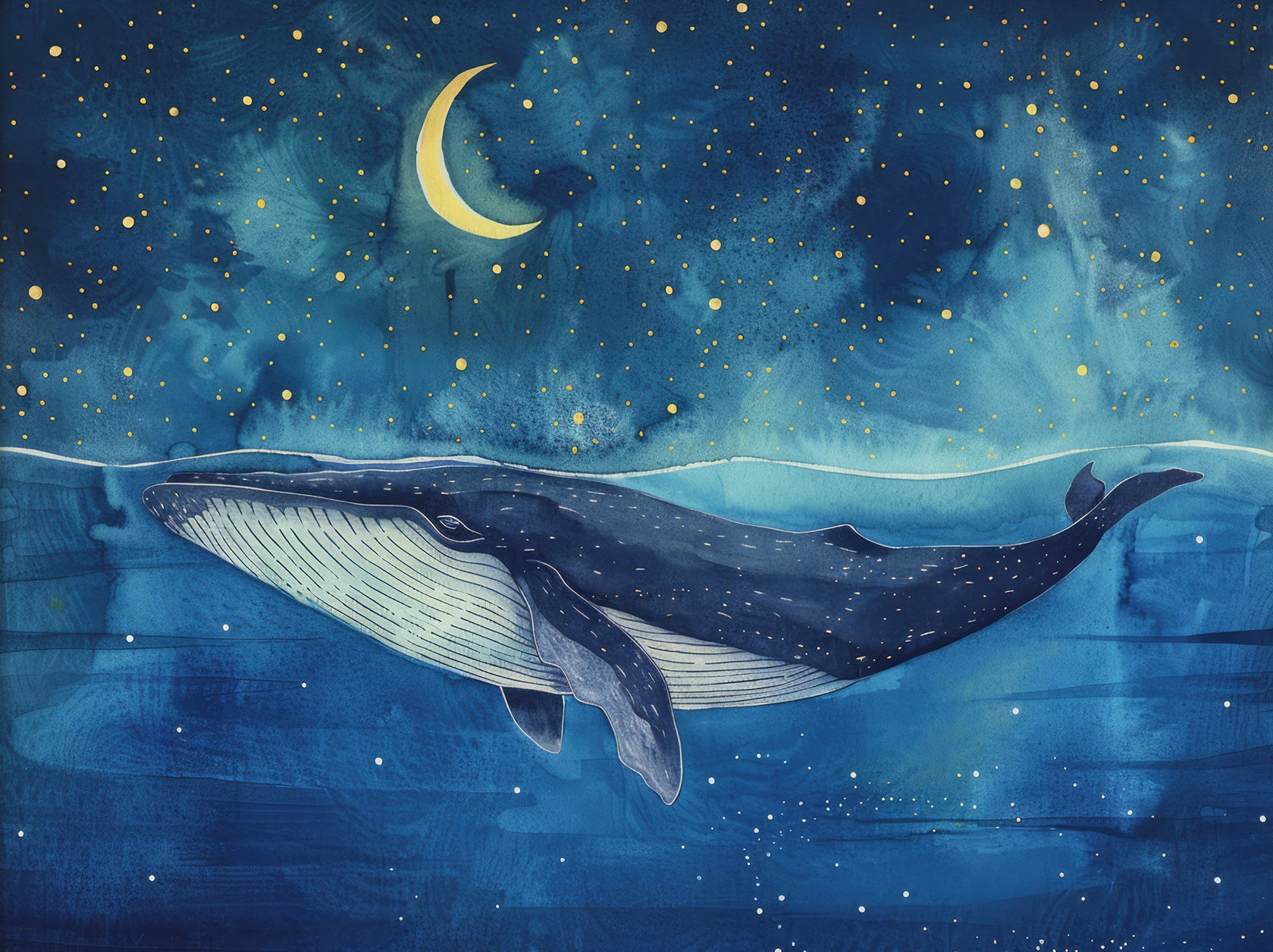 Celestial Starry Night Sky Humpback Whale Watercolour Poster Whale and Boat Canvas Painting Wall Art Living Room Home Decoration