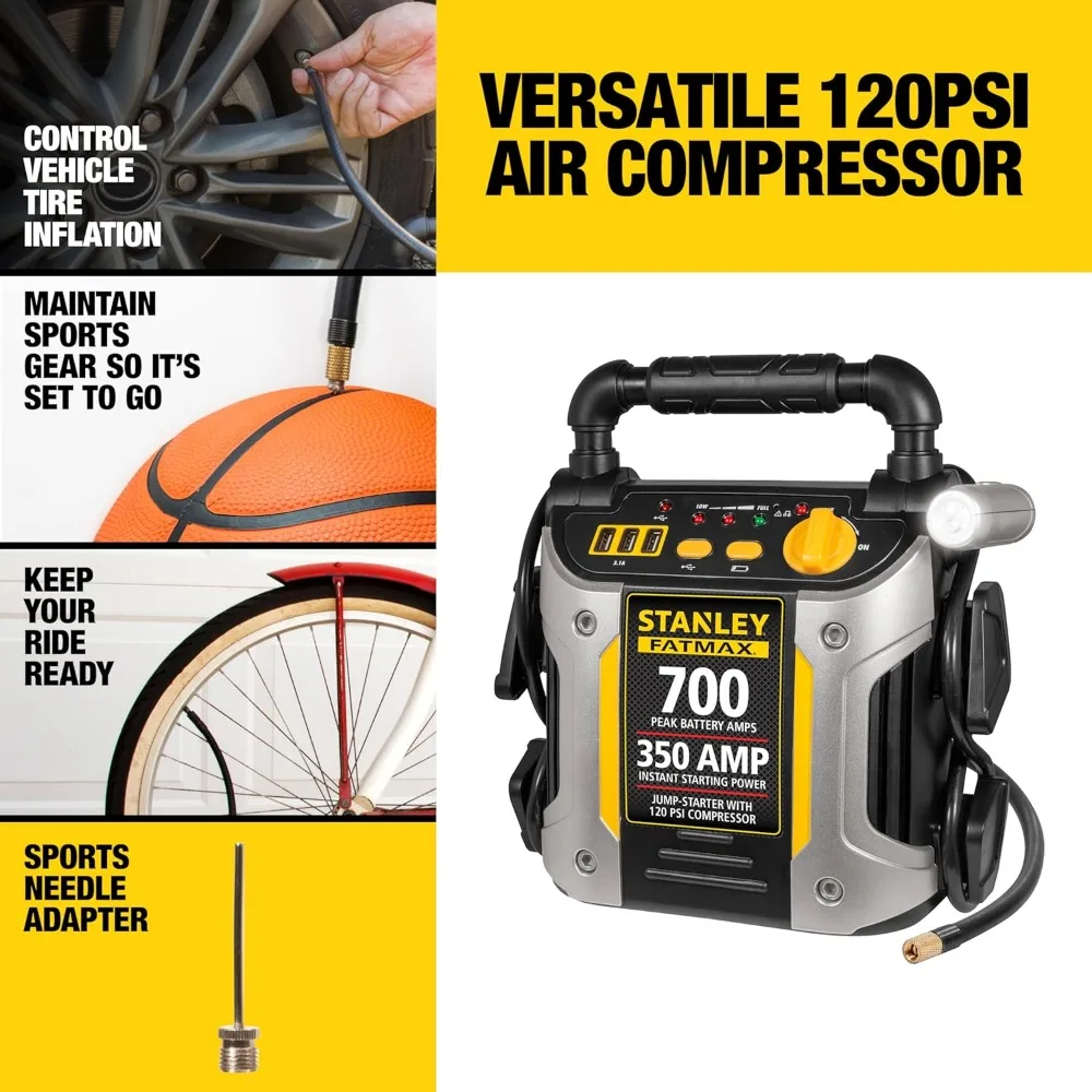 Arrancador de batería portátil Stanley J7CS de 700 W con compresor de aire de 120 PSI y puertos de carga USB triples de 15 W