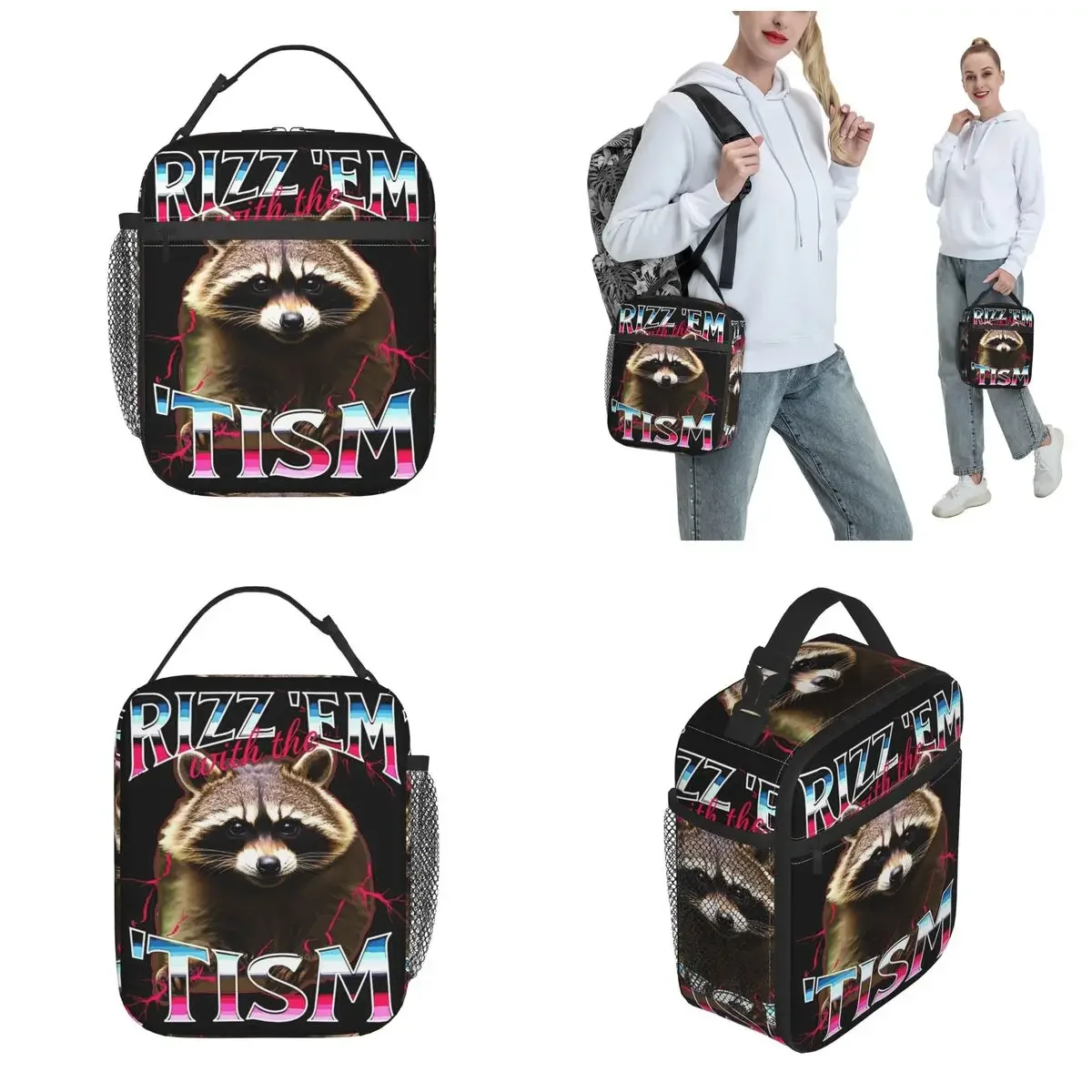 Funny Rizz Em With The Tism Meme Thermal Insulated Lunch Bag for Work Racoon Bootleg Portable Food Bag Cooler Thermal Lunch Box